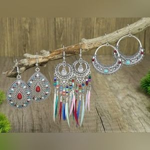 3 Pairs Boho Water Drop and Feather Drop Earrings New Statement Jewelry